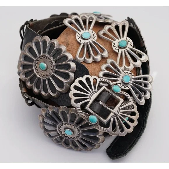 Vintage Louise Morgan Navajo Sterling Silver Sand Cast Turquoise Concho Belt - Picture 2 of 9